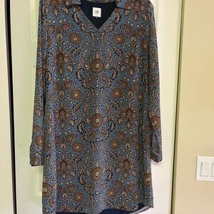 CAbi Blue and Brown Floral Long Sleeve Dress